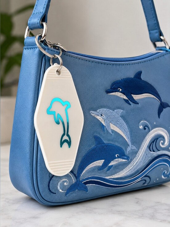 No Brand Accessories - White Retro Motel Key Tag Keychain Blue Dolphin